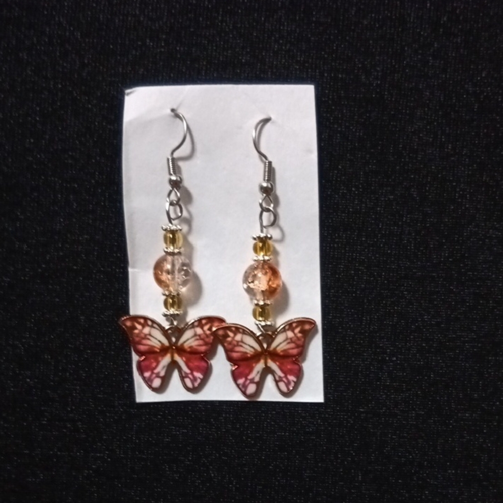 Handmade Butterfly Dangle Earrings - Pink and Gold